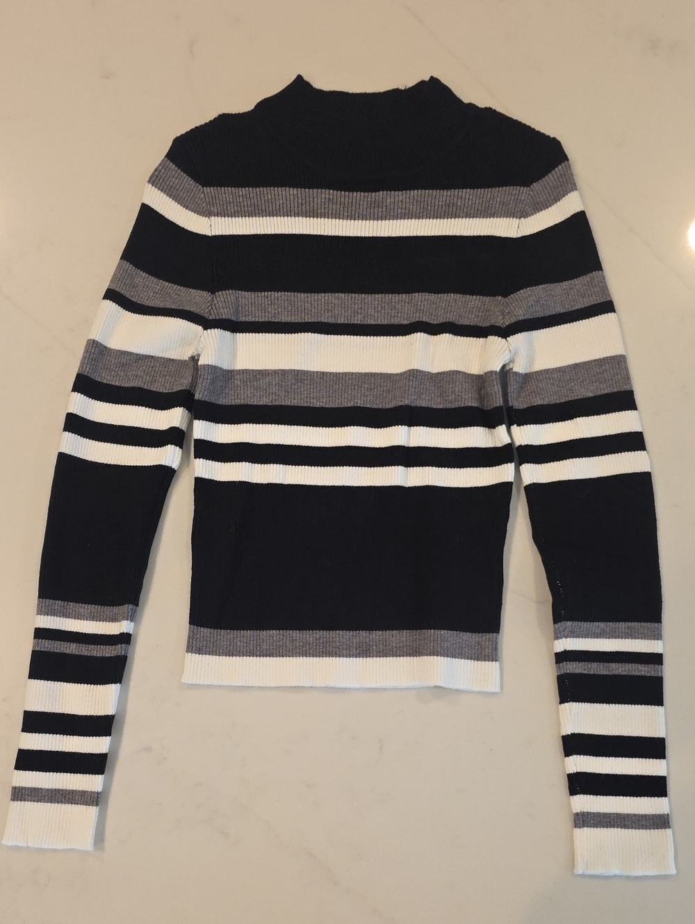 NWOT Striped Black, White & Gray Women's Ribbed Mock Neck Sweater